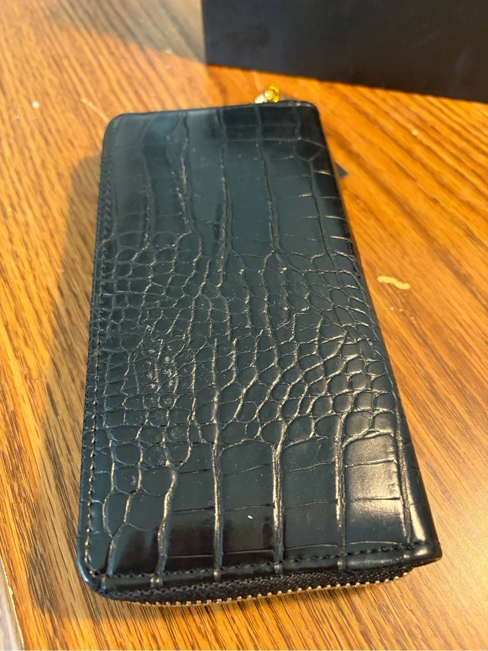 bebe Black Croc-Embossed Zip-Around Wallet with Gold Logo Accent